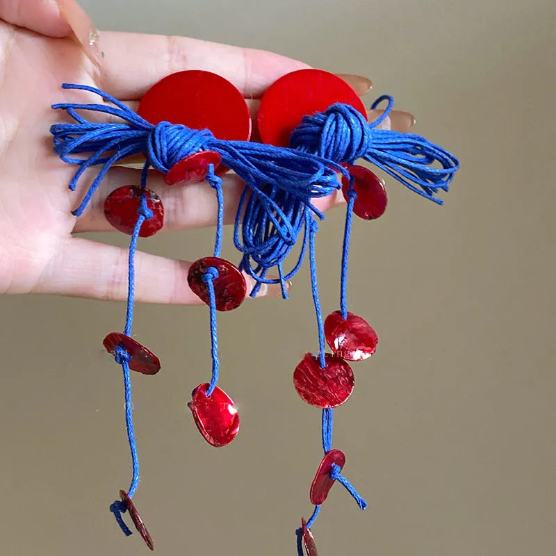 Geometric cloth earrings with silver needle-blue resin flower colour and round design details