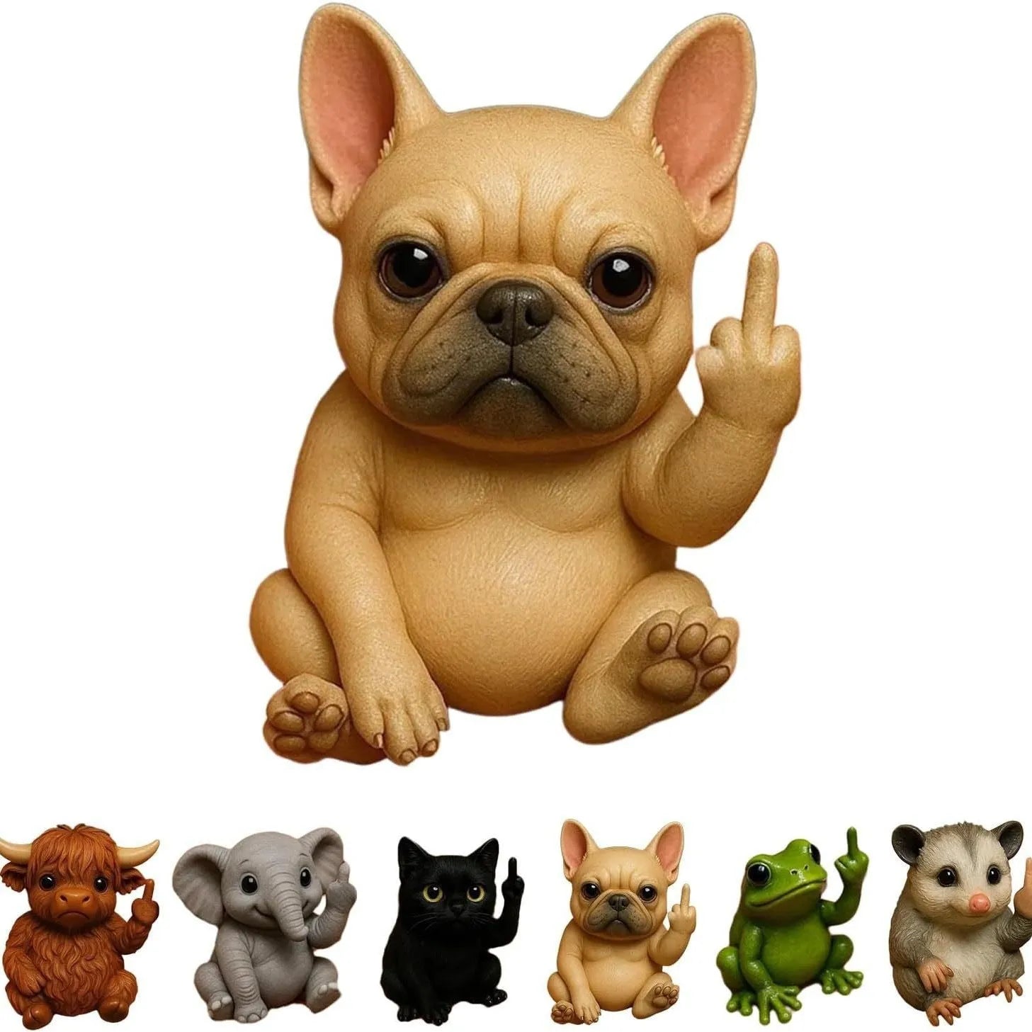 Mini resin animal doll in vertical middle finger pose - available in seven animal designs including cat, dog, elephant, frog, highland cattle, mouse, and turtle