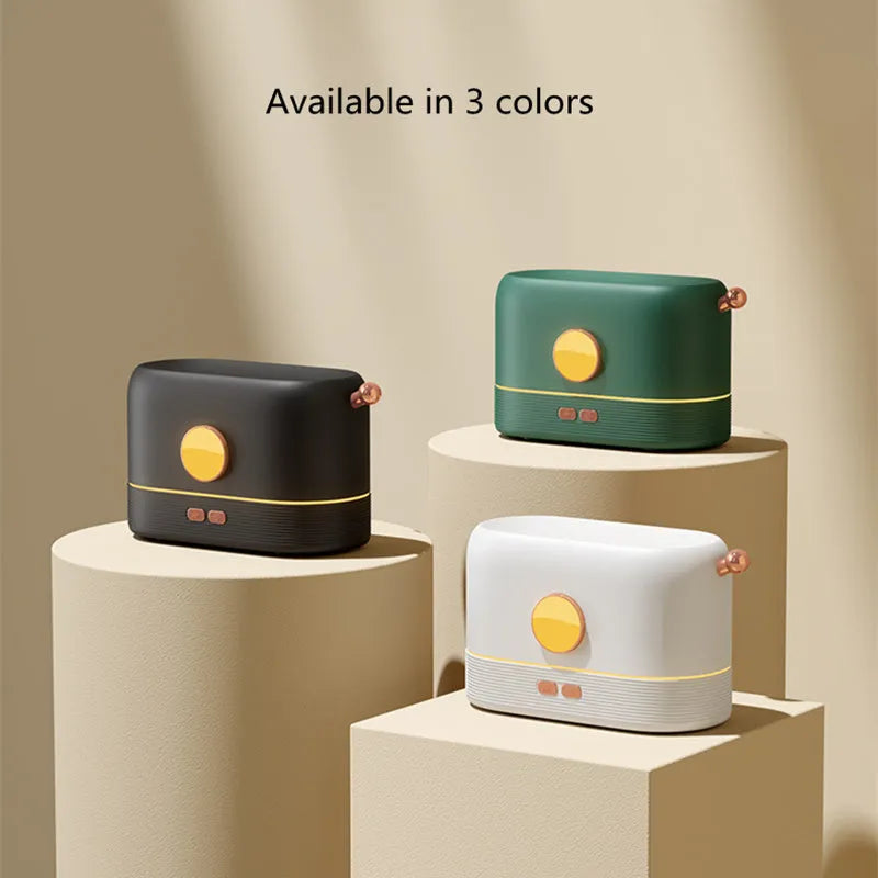 Black USB desktop humidifier with simulation flame light effect and water vapour mist.