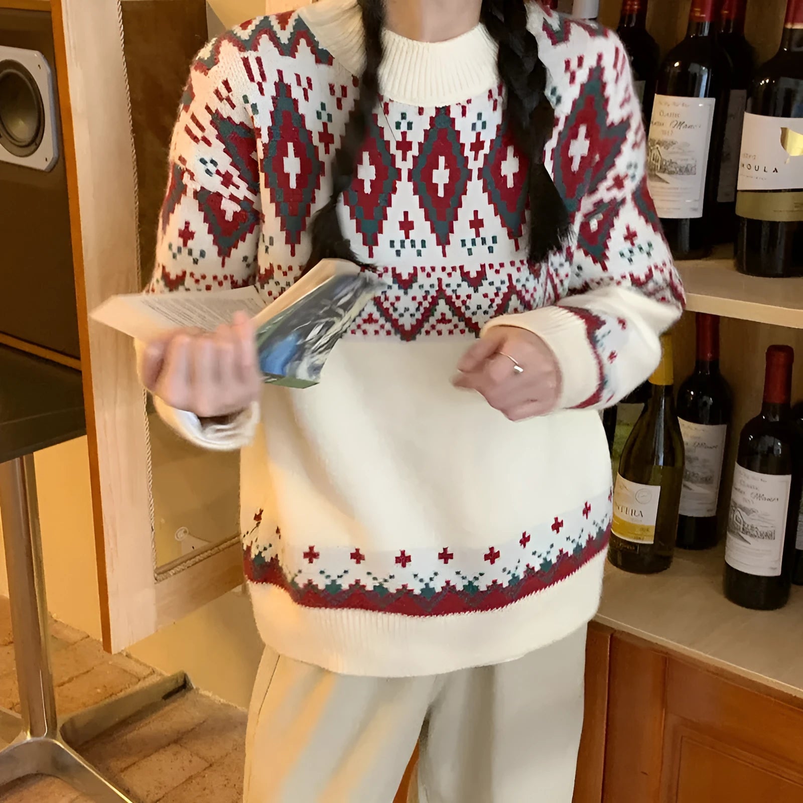 Loose retro stripe pullover knitted top in red or white colour