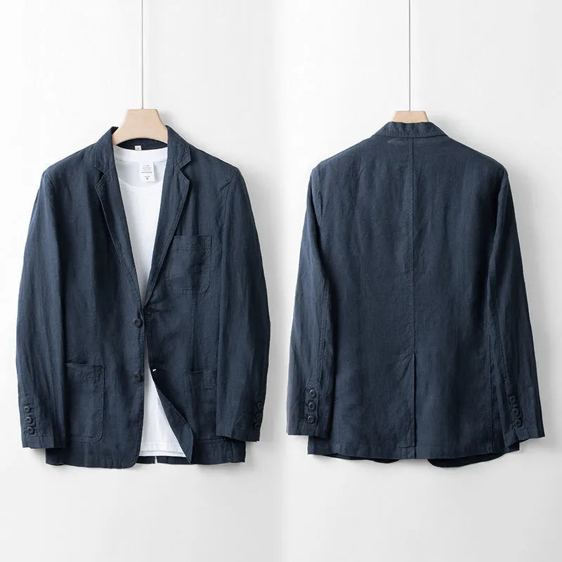 Men's loose fit linen suit jacket in a solid colour on a hanger, showing casual long sleeve design.