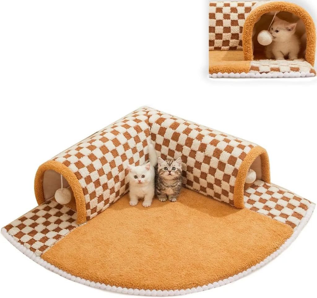 Brown plush plaid cat tunnel bed with central mat for indoor cats