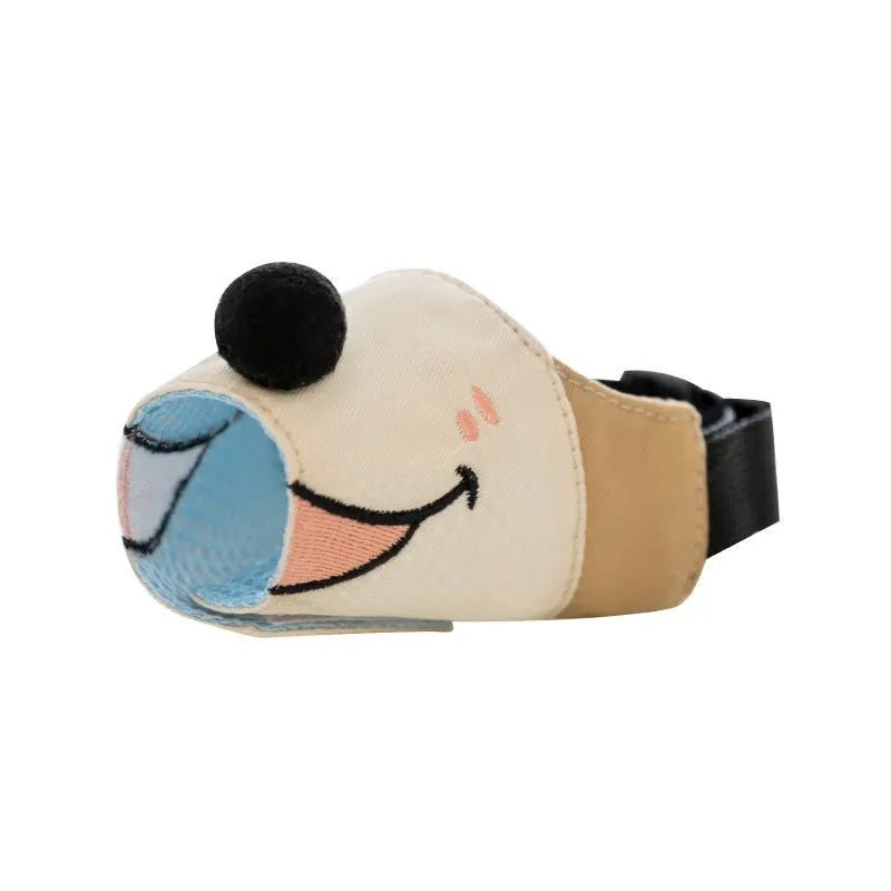 Canvas dog muzzle anti-bite mouth cover in Ollie Brown Bear colour showing weight-based sizing options