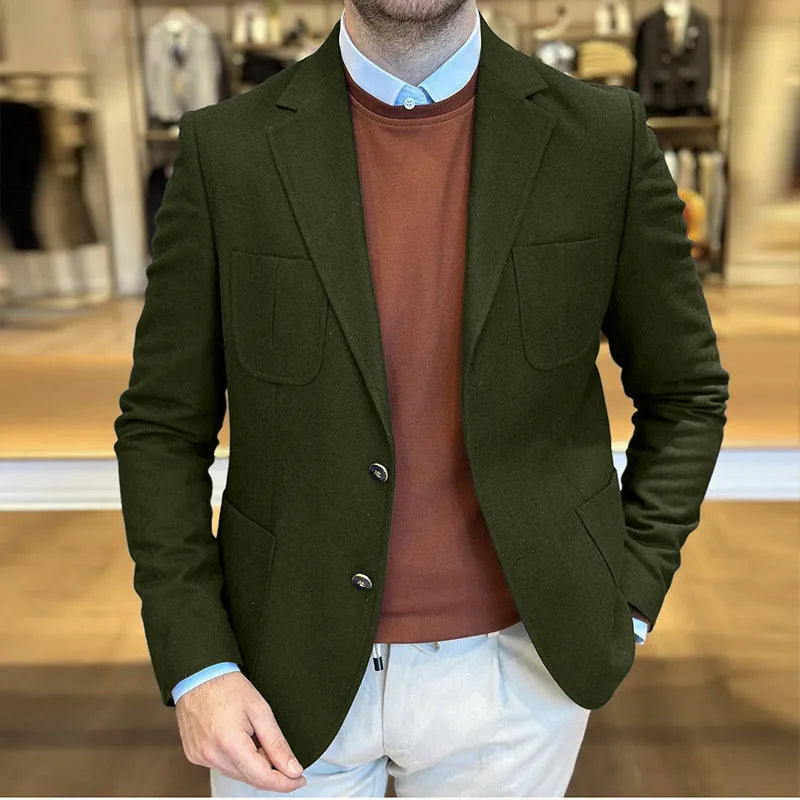 Men's cotton retro loose fit casual suit jacket in Army Green colour
