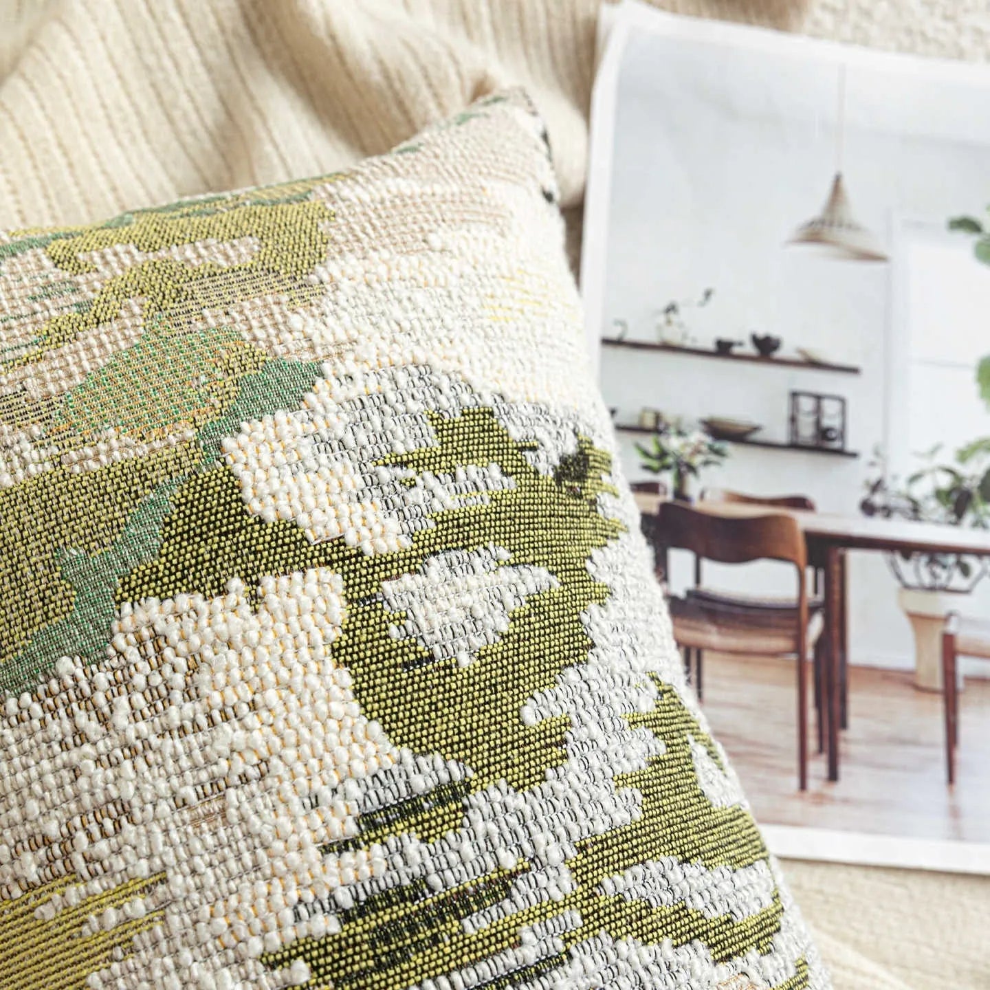 Antique green abstract botanical pillow with spring flower pattern in French style design