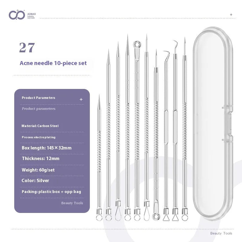Set of four silver metal acne needles with pointed tips on a white background.
