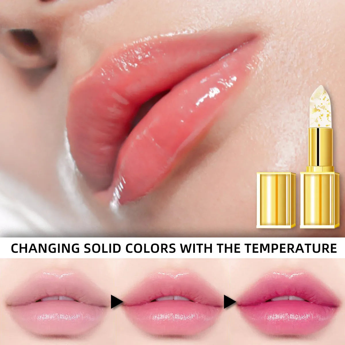 Single 3.5g stick of warm color-changing anti-smudge lipstick on a white background.