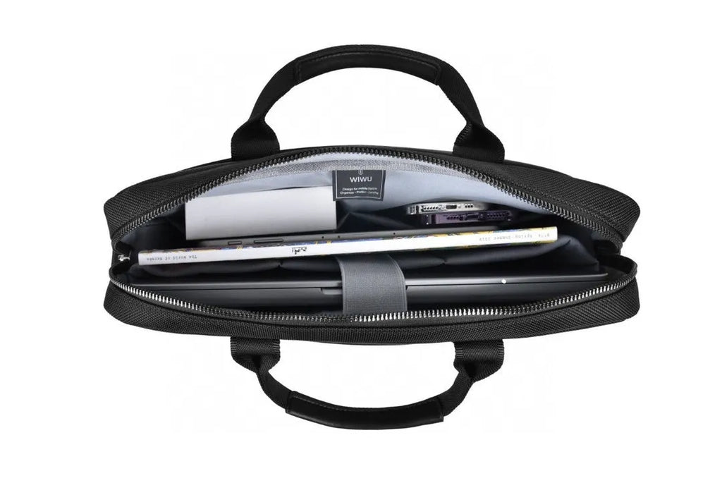 Black Oxford cloth laptop handbag with multiple internal pockets and a separate padded compartment for a 14 or 15.6 inch device.
