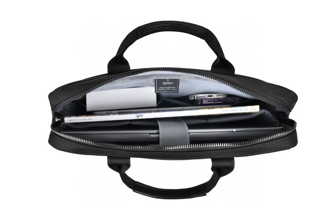 Black Oxford cloth laptop handbag with multiple internal pockets and a separate padded compartment for a 14 or 15.6 inch device.