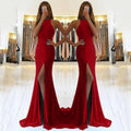 Long red evening dress with hollow pattern design, high waist, and large swing skirt
