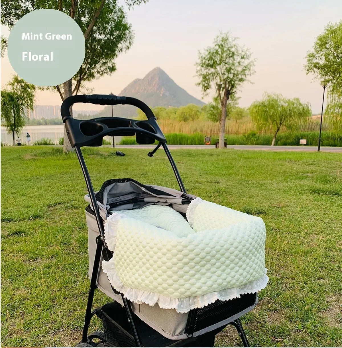 Pure cotton pet stroller accessory set with anti-dirty towel, cushion and pillow in blue green apple pattern