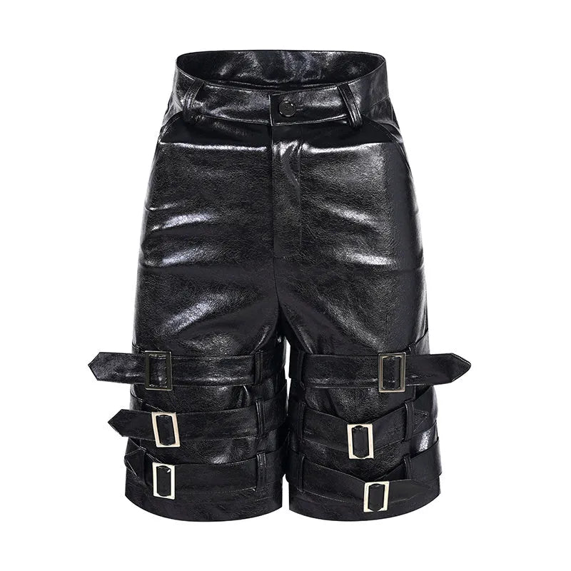 Men's black PU leather casual cropped shorts with a medium-low waist