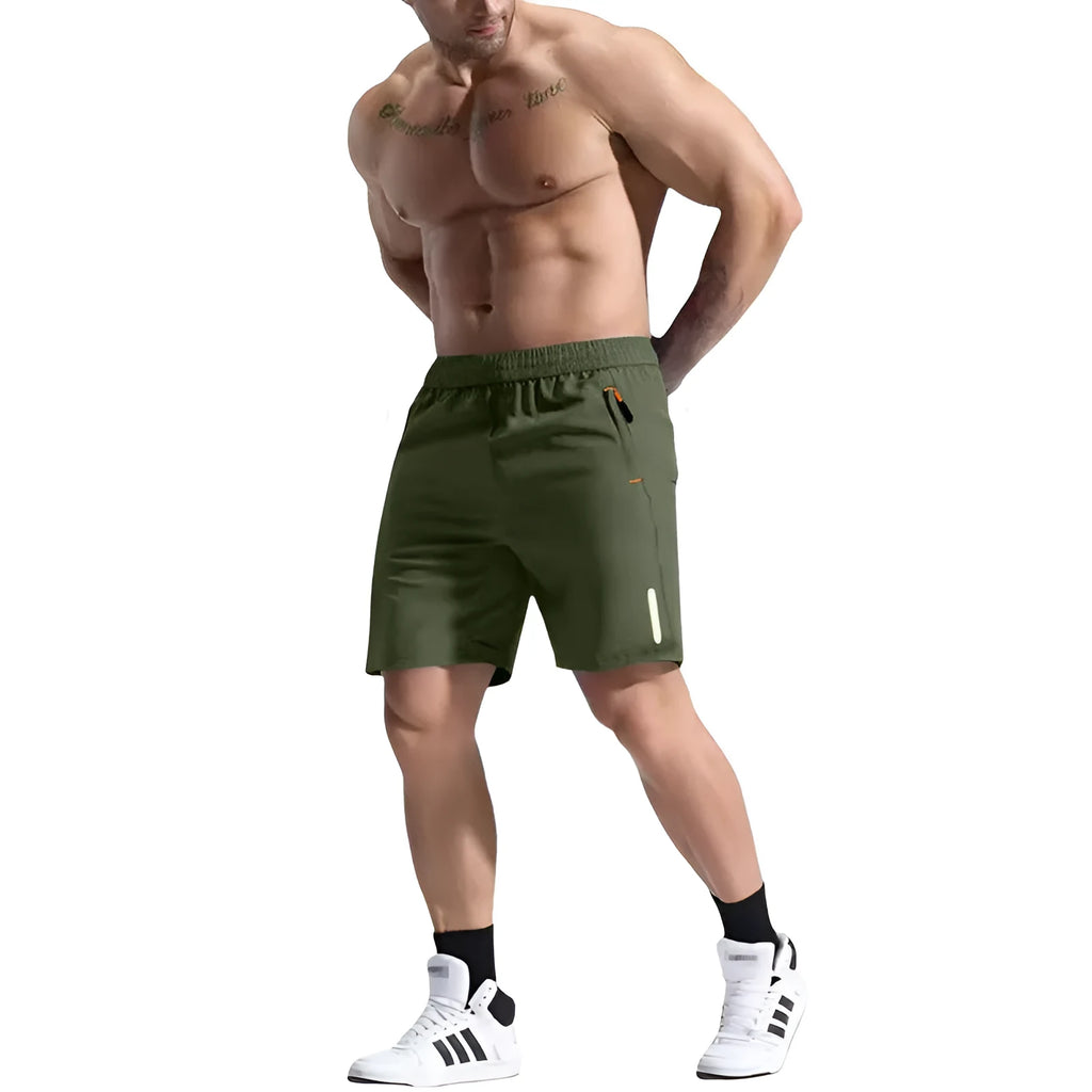 Men's grey bamboo fibre elastic waist sports shorts with a drawstring on a plain background