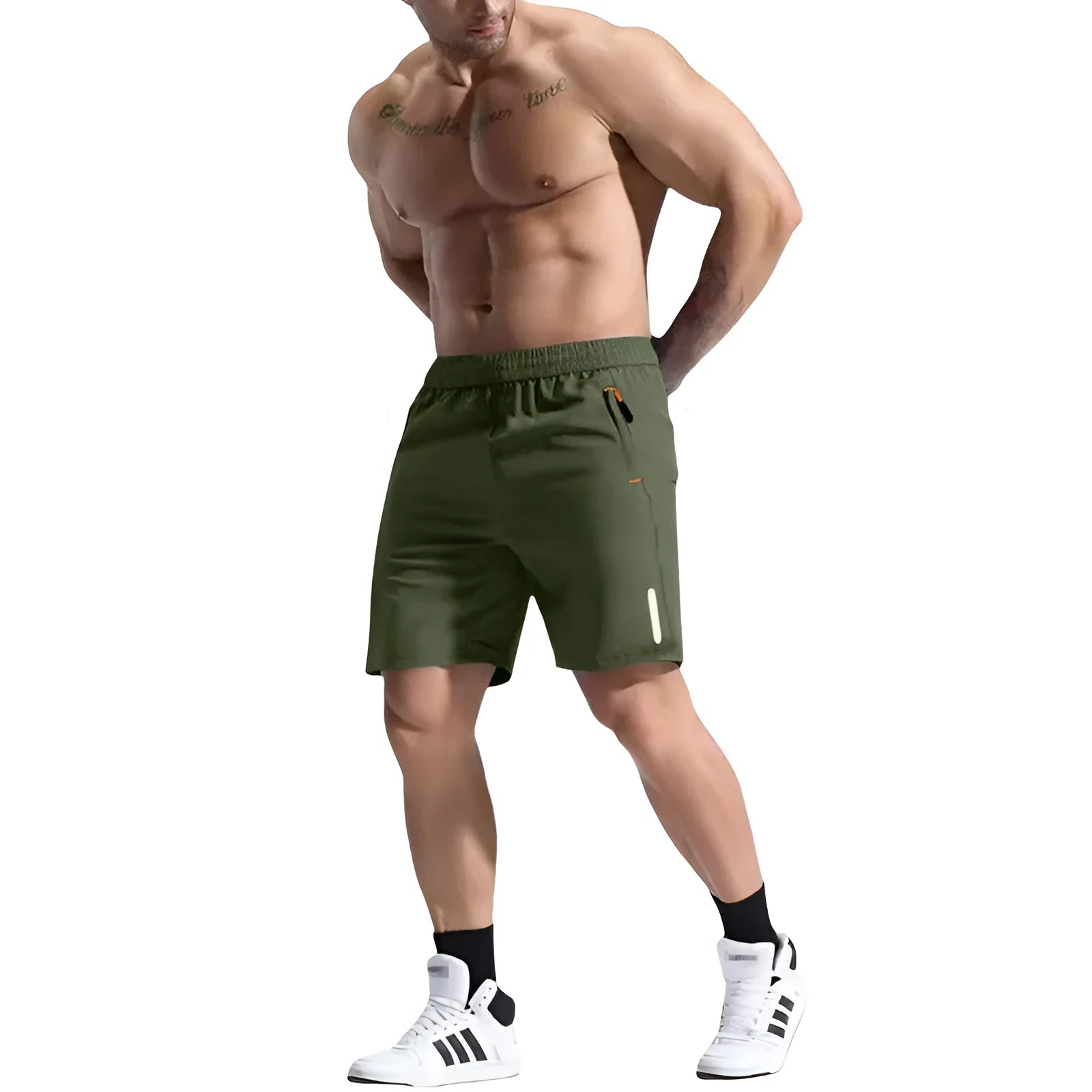 Men's grey bamboo fibre elastic waist sports shorts with a drawstring on a plain background