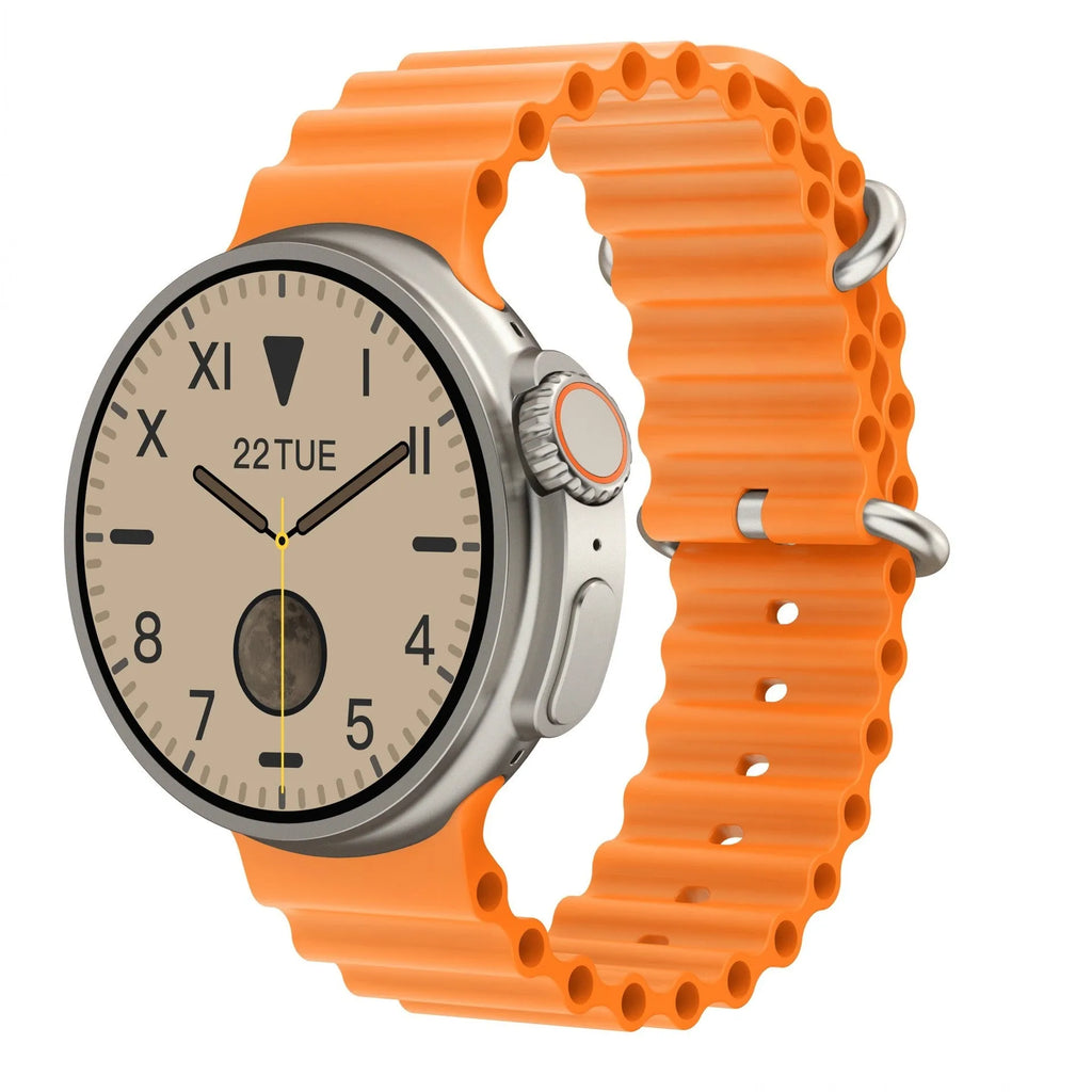 K9 smart watch with round screen and silicone strap showing health stats on display