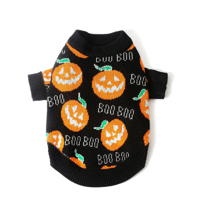 Black Halloween dog sweater with orange knitted pumpkin pattern costume