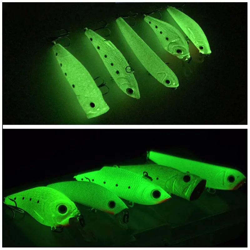 Set of five fluorescent hard plastic fishing lures with 3D simulation design.