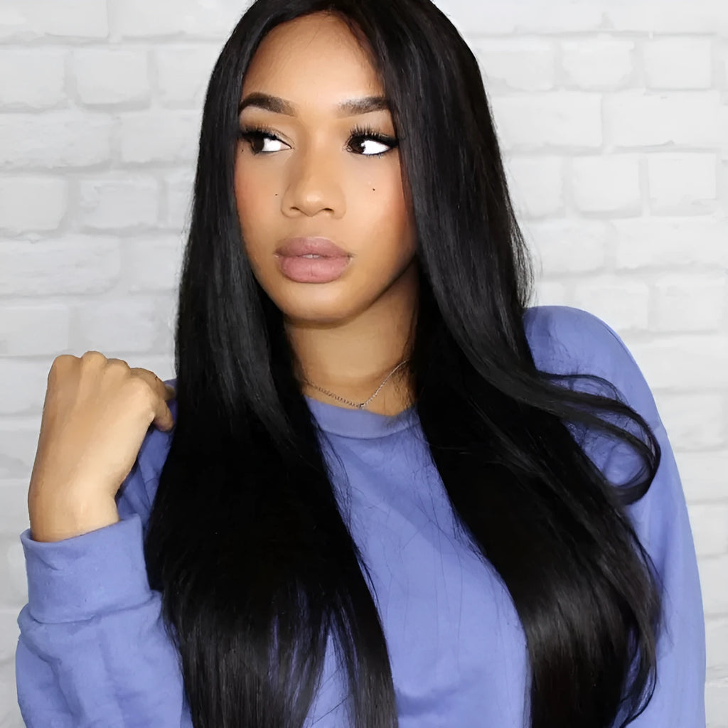 Synthetic long straight black wig with centre part and bangs for women