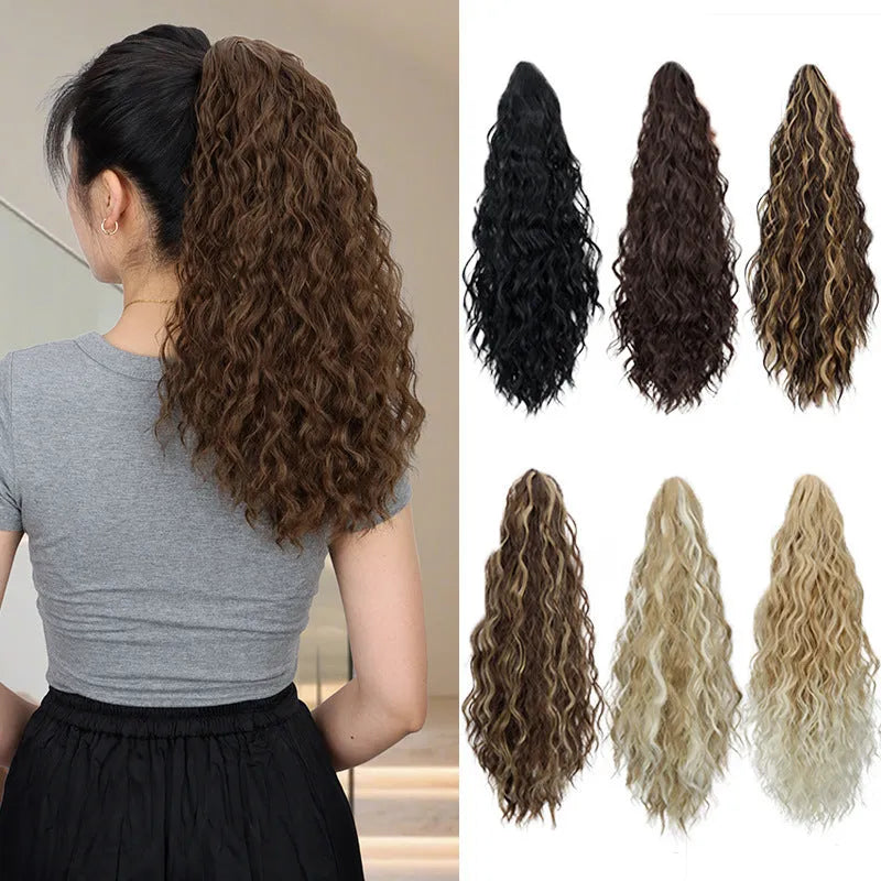 Water ripple grip corn curler synthetic ponytail wig in high temperature fibre on a stand