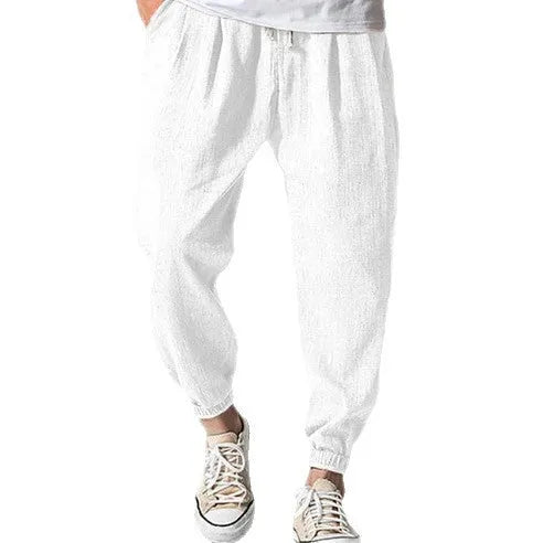 Men's loose cotton ankle pants with elasticated bands in light green colour