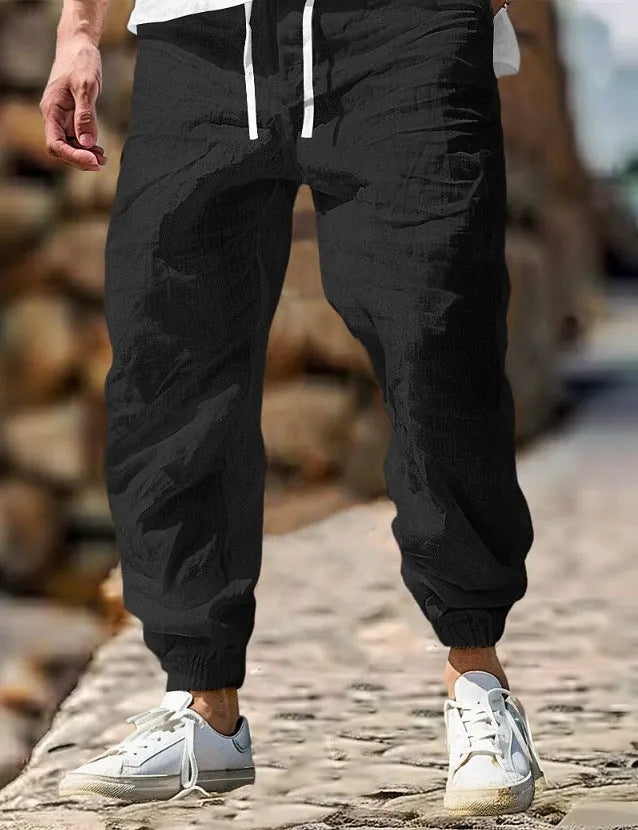 Men's straight leg linen trousers with elastic waistband in seven colour options