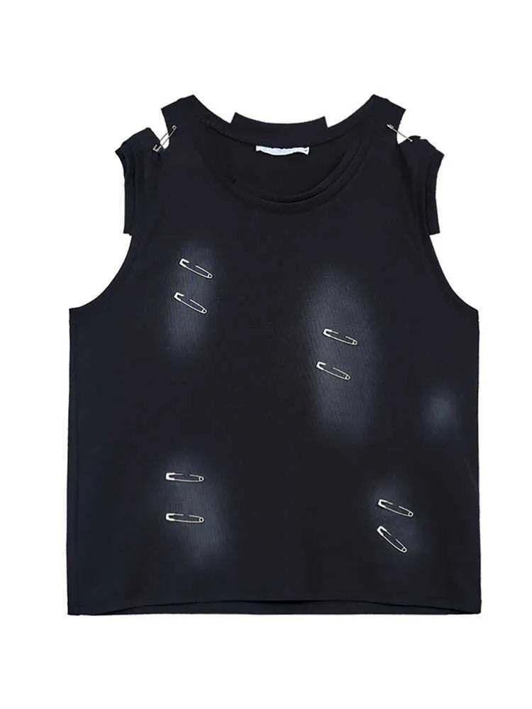 Men's black vest waistcoat with irregular cutting and ripped detailing, sleeveless round neck design