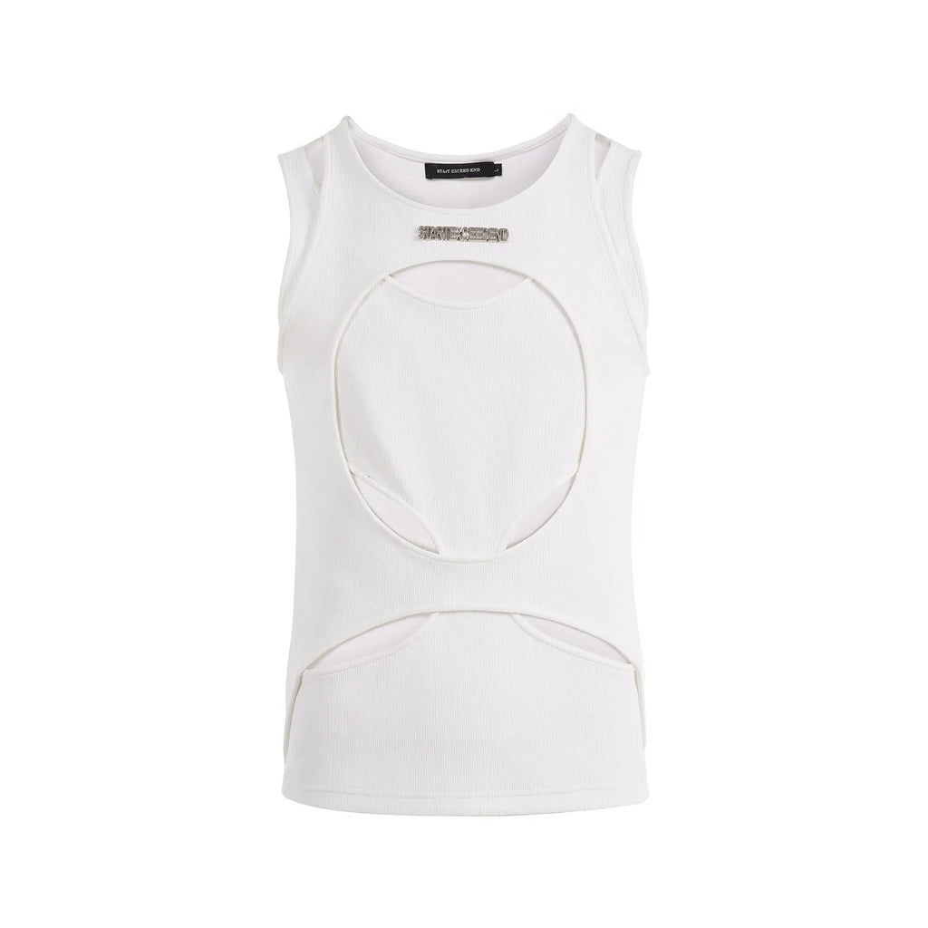 Men's hollow thread sleeveless waistcoat in black or white with round neck pullover design