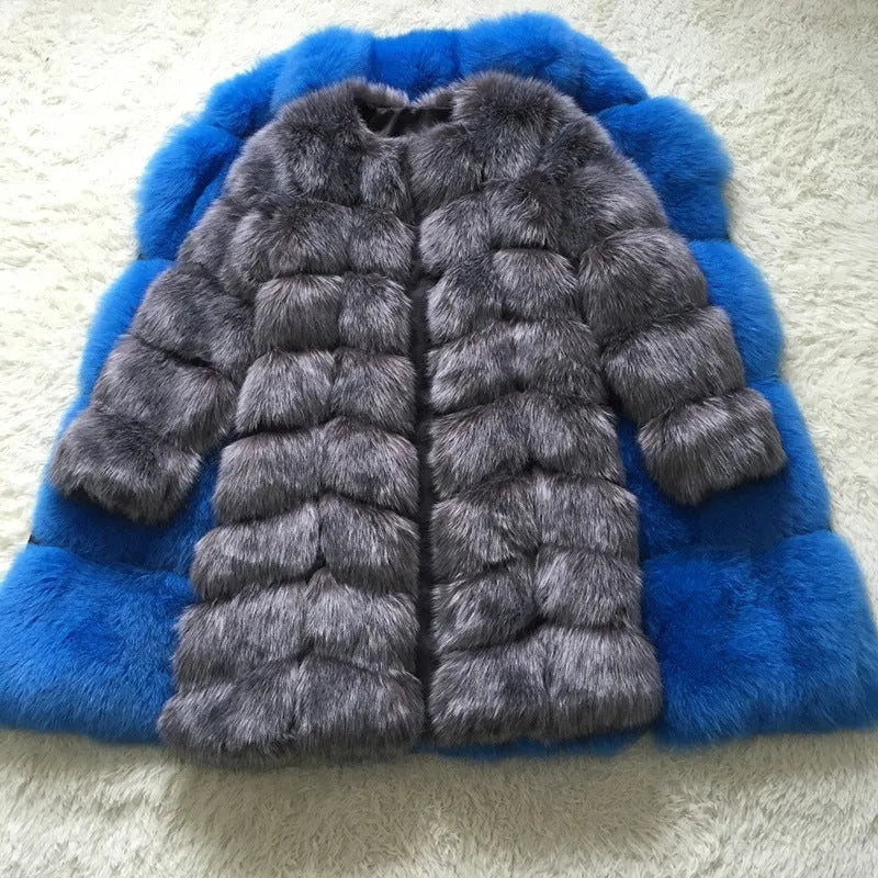 Women's long artificial fur coat in multiple colours including black, camel, and wine red, showing 80 cm length.