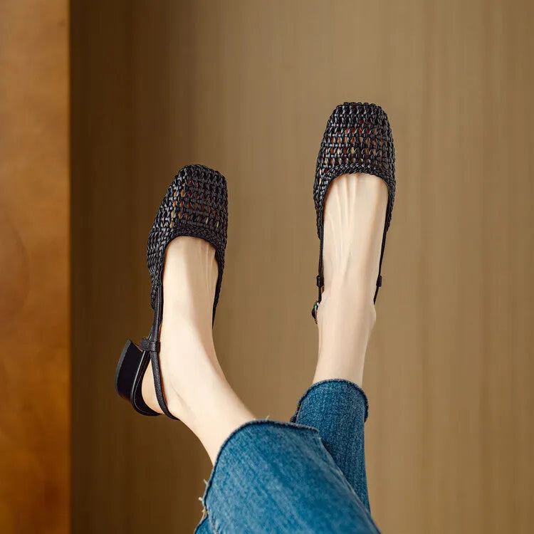 Women's beige woven sandals with a closed square toe, chunky block heel, and an adjustable buckle strap across the foot.