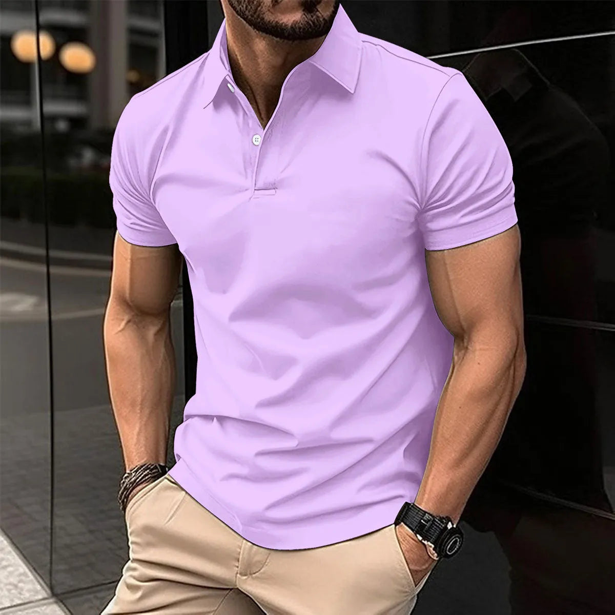 Men's solid colour short sleeve polo shirt with button lapel on a hanger