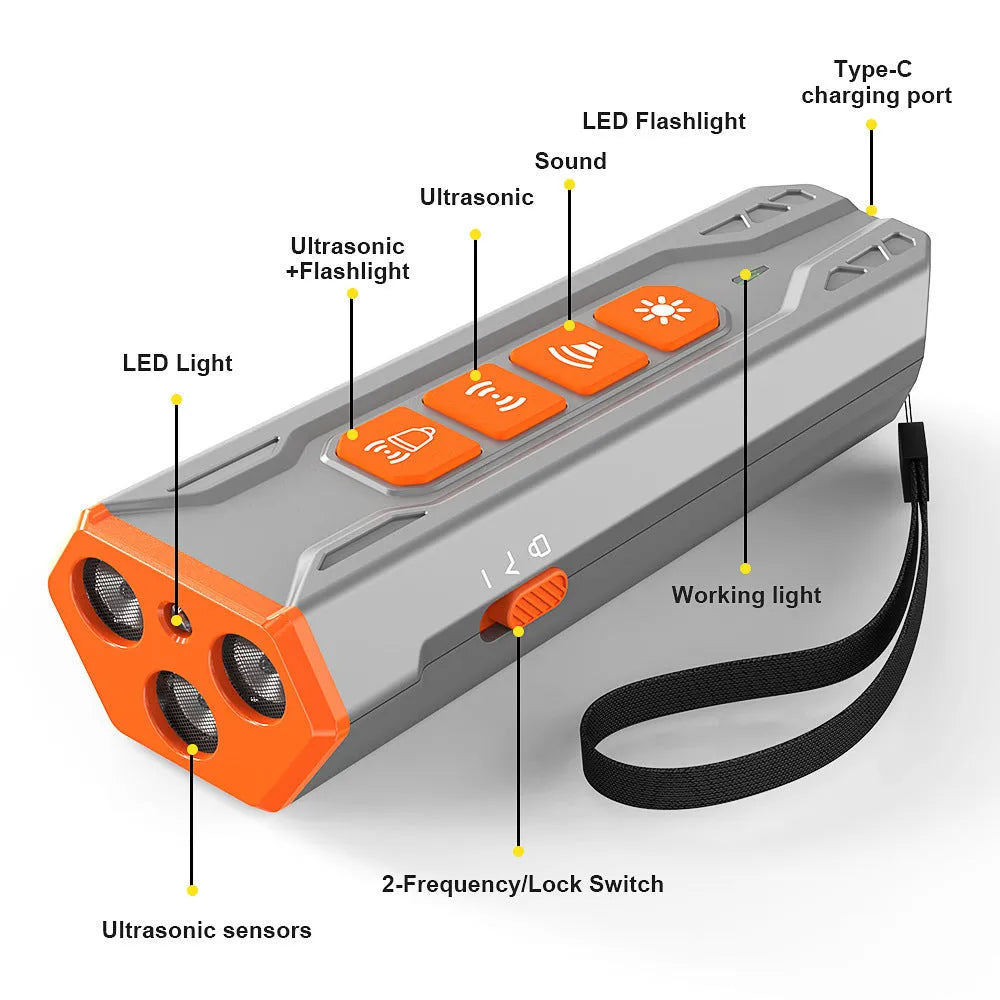 Three head ultrasonic dog trainer in black and orange colour with adjustable frequency controls