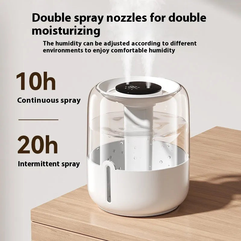 Beige round large capacity USB humidifier with dual spray nozzles and display.