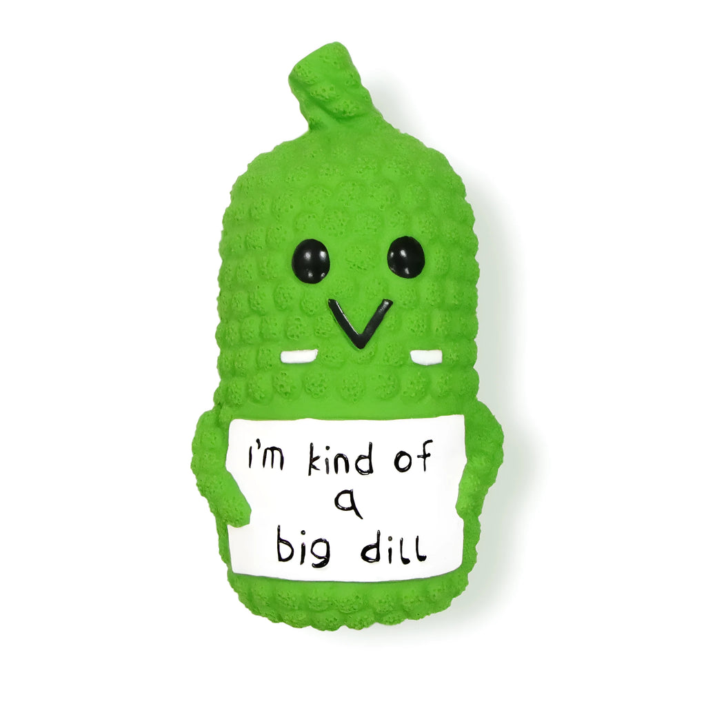Green latex pickle-shaped dog squeaky toy with textured nubs for chewing.