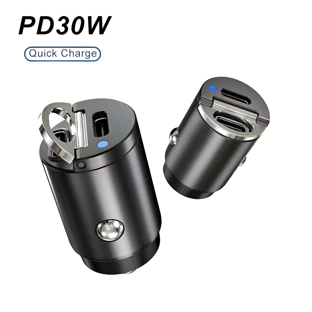 Compact 30W car cigarette lighter charger with zinc alloy housing for PD and QC fast charging