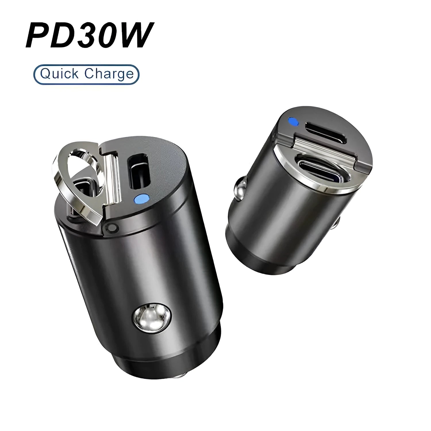 Compact 30W car cigarette lighter charger with zinc alloy housing for PD and QC fast charging