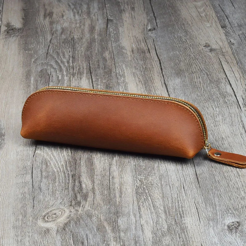Handmade cowhide leather pencil case with zipper, square 18x6x6cm design in four colour options