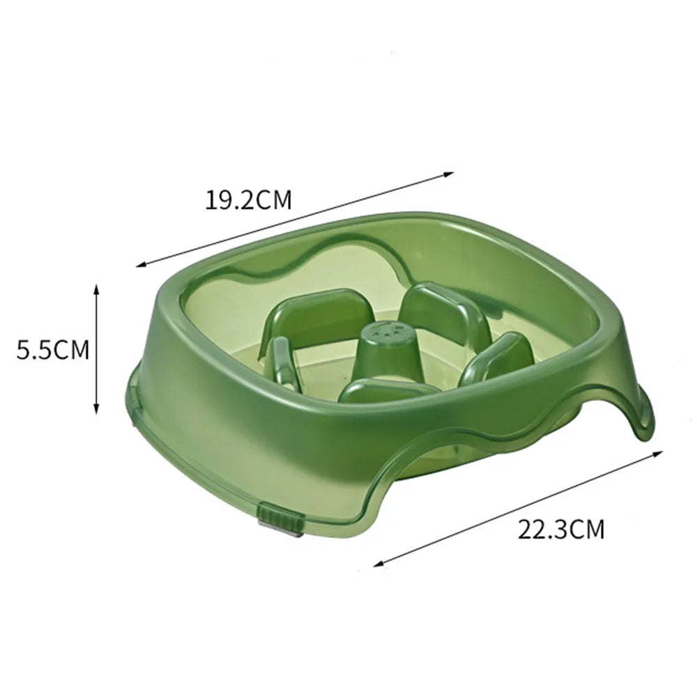 Blue plastic dog slow feeder bowl with anti-choking ridge design for puppies and dogs.