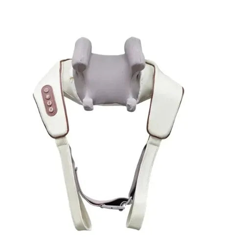 Milky white shoulder and neck massager with kneading mechanism and infrared therapy function