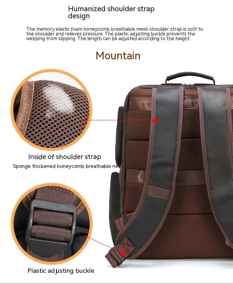 Dark brown leather men's backpack for 17-inch laptops with multiple compartments