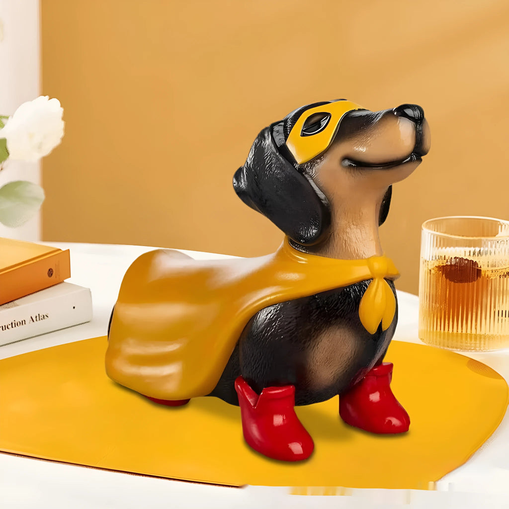 Resin superhero dachshund LED ornament hero dog statue 23x11x17cm on display