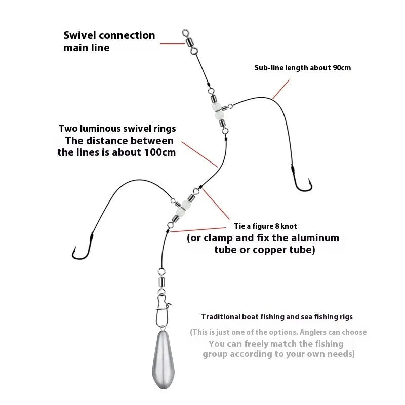 Copper fishing lure swivel beads with luminous centres on an eight-ring T-type balance fork.