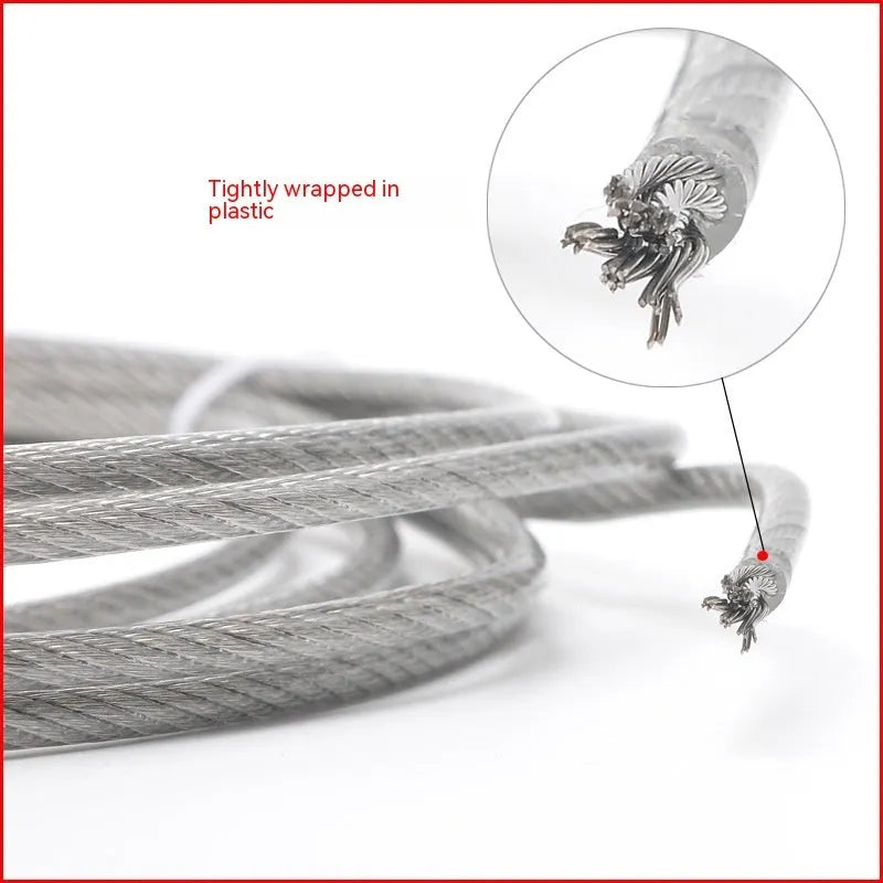Close-up of a coiled 304 stainless steel multi-strand security cable on a grey background.