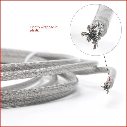 Close-up of a coiled 304 stainless steel multi-strand security cable on a grey background.