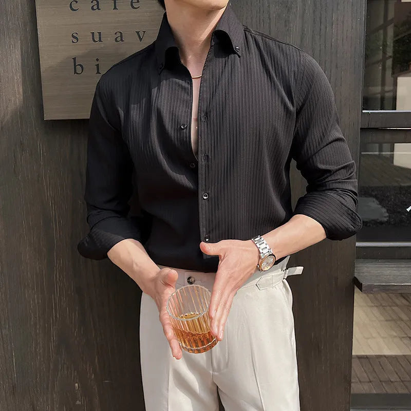 Man wearing a striped V-neck long sleeve casual shirt in a choice of colours.