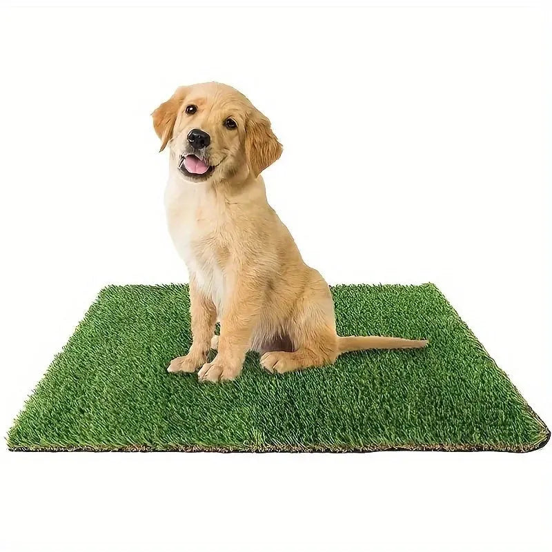 Artificial grass dog toilet training mat on a floor, shown in small, medium, and large sizes.