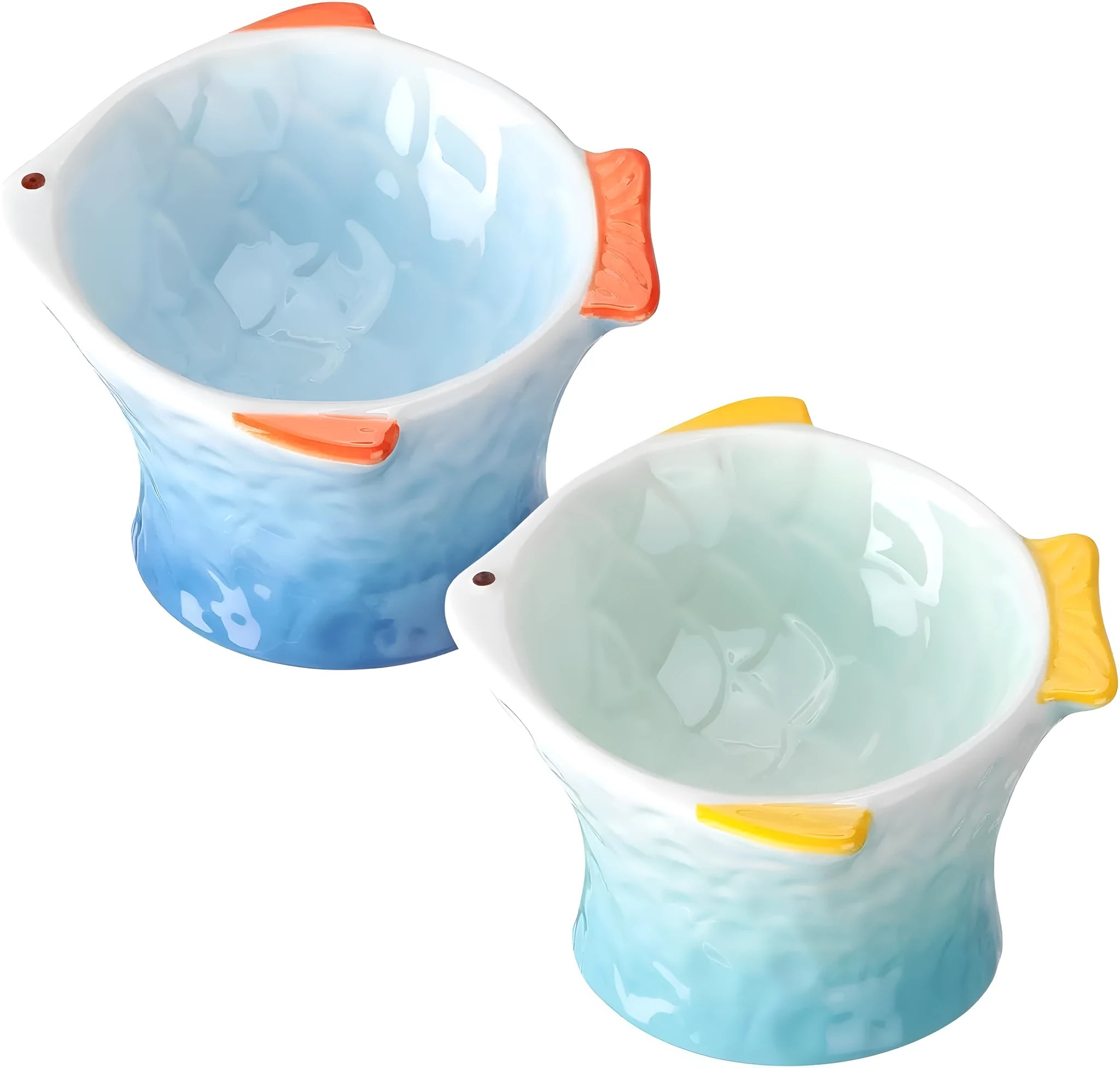 Set of blue ceramic cat feeder bowls in a fish shape with a 15-degree tilt angle.