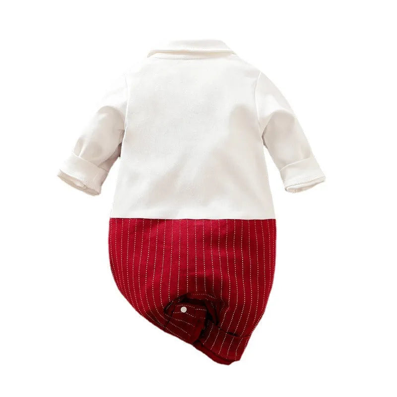 Wine red cotton baby boy romper with long sleeves and single-breasted closure for autumn.