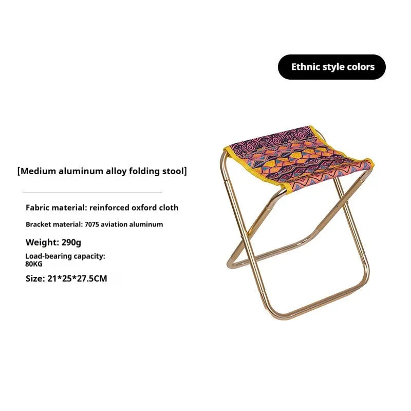 Black aluminium alloy folding camping stool shown open for use and folded flat for storage.
