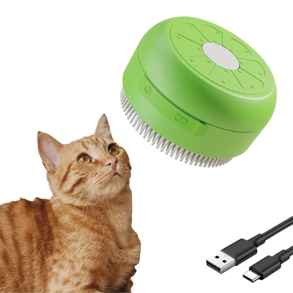 Green and yellow rechargeable steam brush for grooming cats and dogs on a table.