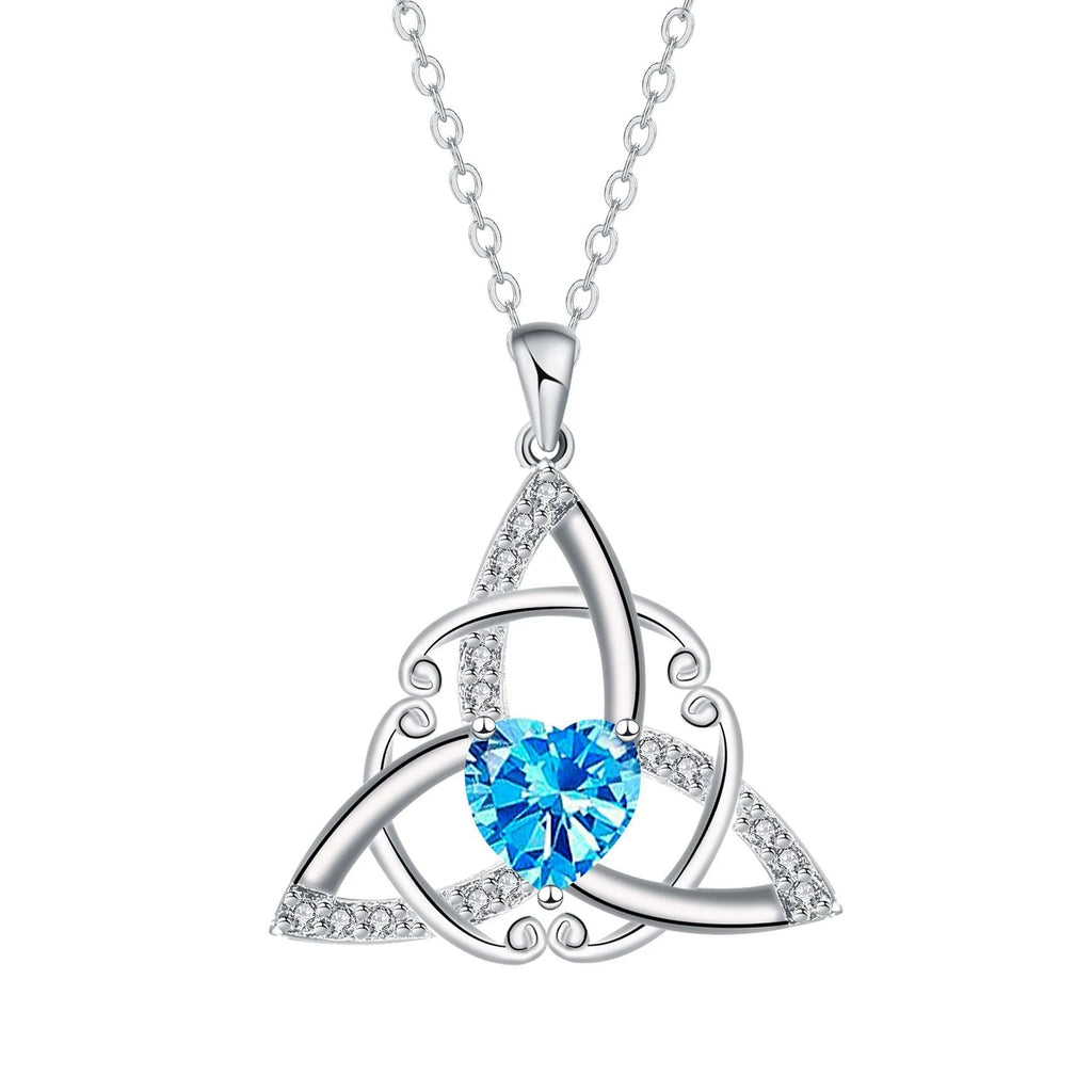 Geometric Celtic knot pendant necklace for women in a choice of blue, lvzuan, red diamond, or white diamond finish.